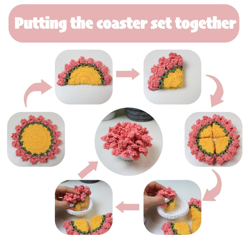 Agromusk Cute Coasters Set of 4,Funny Pink Flower Coasters,Crochet Plant Pot Coaster Set for Drinks with Flowerpot Holder,Fun Soft Decorative Coasters Housewarming for New Home Bar Desk - Image 4