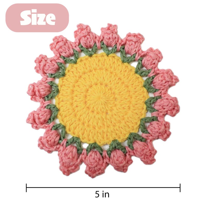Agromusk Cute Coasters Set of 4,Funny Pink Flower Coasters,Crochet Plant Pot Coaster Set for Drinks with Flowerpot Holder,Fun Soft Decorative Coasters Housewarming for New Home Bar Desk - Image 3