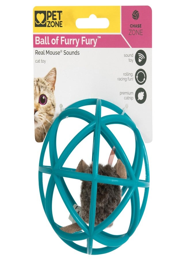 Pet Zone Ball of Furry Fury Premium Catnip Cat Toy with Real Mouse Sounds, for Chase, Rolling and Racing, Teal - Image 1