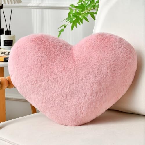 IREMATE Heart Pillow Pink Throw Pillows Decorative Pillows for Bed Couch Cute Faux Rabbit Fur Small Pillow for Women Valentine Anniversary Fall Halloween Christmas Home Decor Medium 20x15 - Image 1