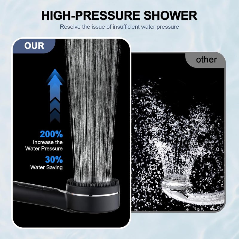 Vista Shower Head High Pressure Hand Shower with 4 Shower Head Filters and 4 Spray Modes ON/OFF Silicone Massage Pad Chlorine Removal Black - Image 4