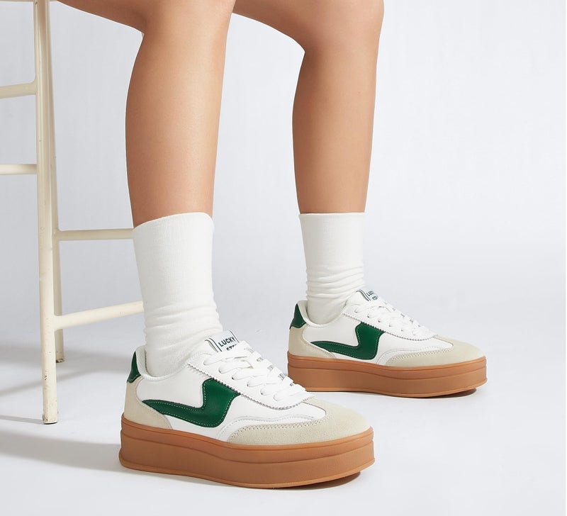 LUCKY STEP Women's Platform Fashion Sneakers Thick Sole Suede Faux Leather Classic Rubber Gum Sole Low Top Casual Walking Shoes(White/Green,9 B(M) US) - Image 3