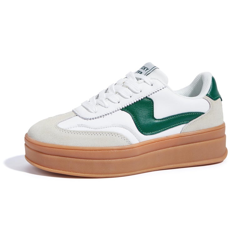 LUCKY STEP Women's Platform Fashion Sneakers Thick Sole Suede Faux Leather Classic Rubber Gum Sole Low Top Casual Walking Shoes(White/Green,9 B(M) US) - Image 1