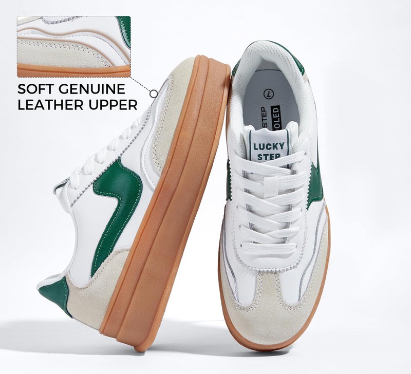 LUCKY STEP Women's Platform Fashion Sneakers Thick Sole Suede Faux Leather Classic Rubber Gum Sole Low Top Casual Walking Shoes(White/Green,9 B(M) US) - Image 4