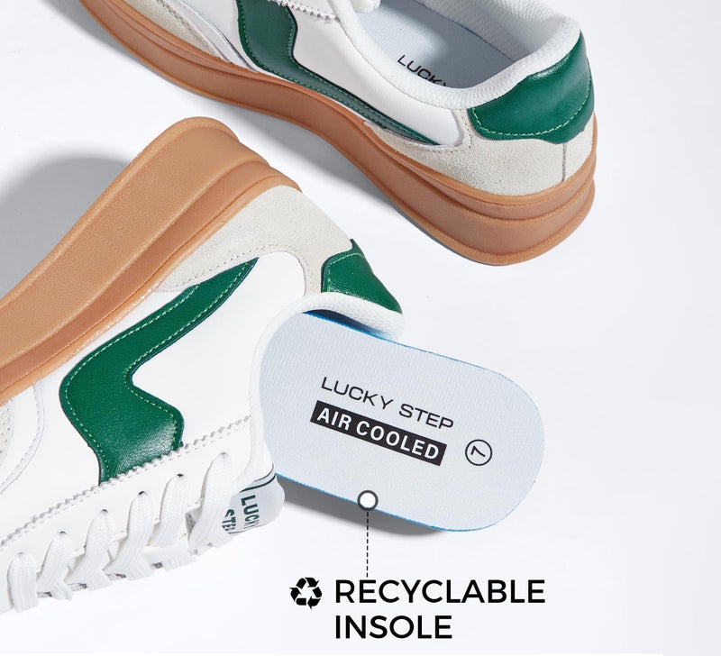 LUCKY STEP Women's Platform Fashion Sneakers Thick Sole Suede Faux Leather Classic Rubber Gum Sole Low Top Casual Walking Shoes(White/Green,9 B(M) US) - Image 5