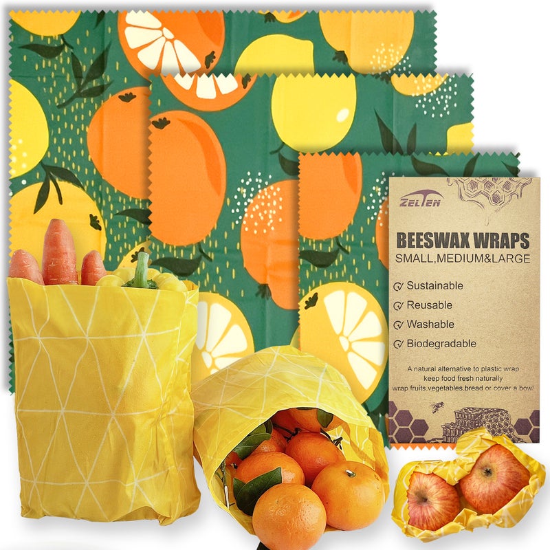 Zelten Beeswax Reusable Food Wraps - (3 Packs, 3 Sizes S,M,L) Plastic and Silicone Free, Eco-friendly Wrap, Wax Paper for Food,Orange - Image 1