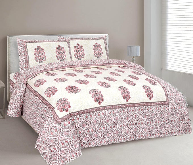 COTTON KING SIZE BEDSHEET DOUBLE BED 90X108 RED FULWARI PRINT 2 PILLOW COVERS 180 TC