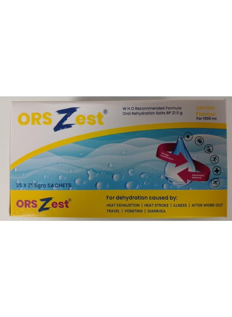 ORS Zest (Oral Rehydration Salt) 21.5g SACHETS LEMON FLAVOUR 25's