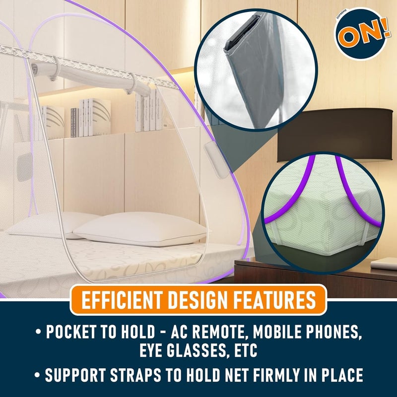 KOLAR Supreme On Mosquito Net with Pocket for Mobile, Spectacles, King Size 6.5 Feet x 6.5 Feet Premium Machardani, Strong and Durable, 30 GSM, Tent Type, Foldable, Corrosion Resistant (Purple, King) - Image 5