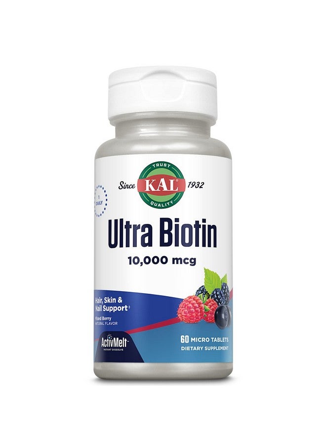 KAL Ultra Biotin 10000mcg ActivMelt, Hair Growth Supplement, High Potency Vitamin B7 for Healthy Hair, Skin, Nails and Energy Support, Vegetarian, Natural Mixed Berry Flavor, 60 Serv, 60 Micro Tablets - Image 1