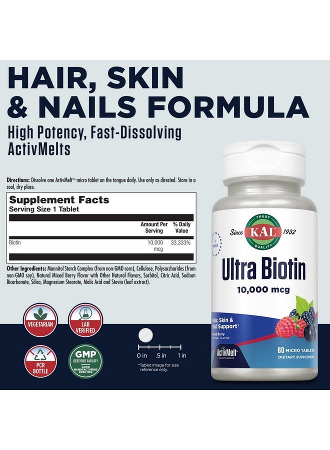 KAL Ultra Biotin 10000mcg ActivMelt, Hair Growth Supplement, High Potency Vitamin B7 for Healthy Hair, Skin, Nails and Energy Support, Vegetarian, Natural Mixed Berry Flavor, 60 Serv, 60 Micro Tablets - Image 2