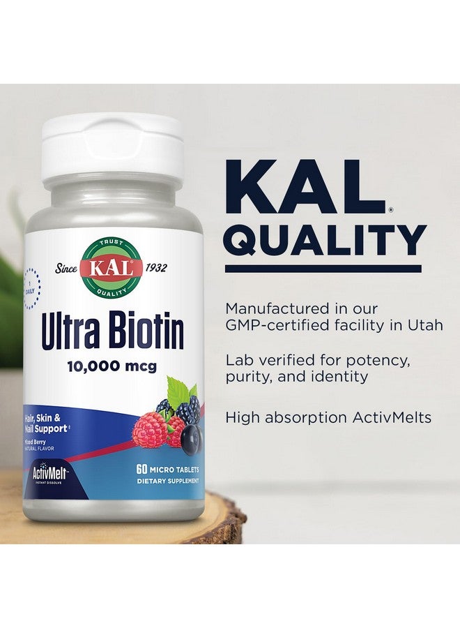 KAL Ultra Biotin 10000mcg ActivMelt, Hair Growth Supplement, High Potency Vitamin B7 for Healthy Hair, Skin, Nails and Energy Support, Vegetarian, Natural Mixed Berry Flavor, 60 Serv, 60 Micro Tablets - Image 4