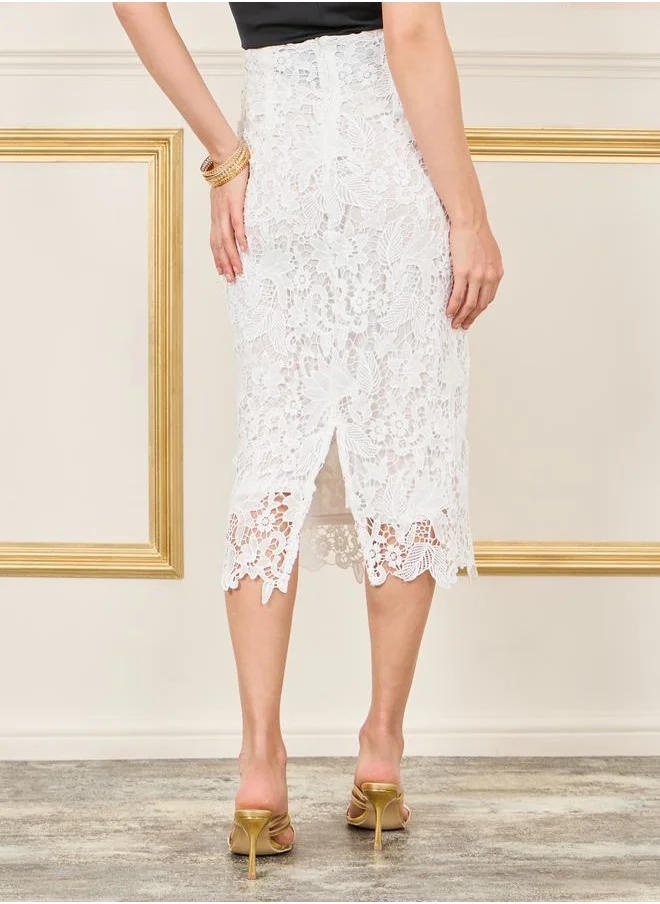 Styli All Over Lace Mesh Straight Hem Midi Skirt