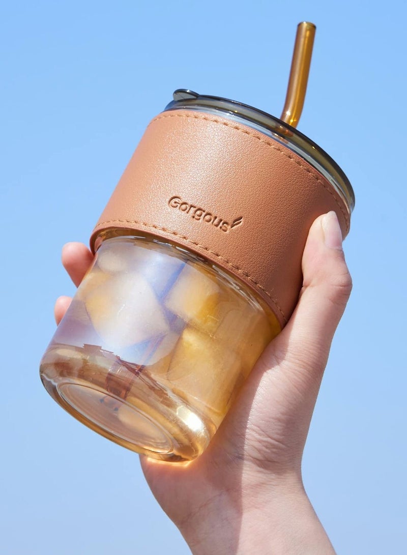 SYOSI كوب زجاجي مع شَفَاط وغِطاء، كوب زجاجي سعة 15 أوقية مع غلاف واقٍ من الجلد، كوب قابل لإعادة الاستخدام لشَفَاط والاستخدام المباشر - Image 3