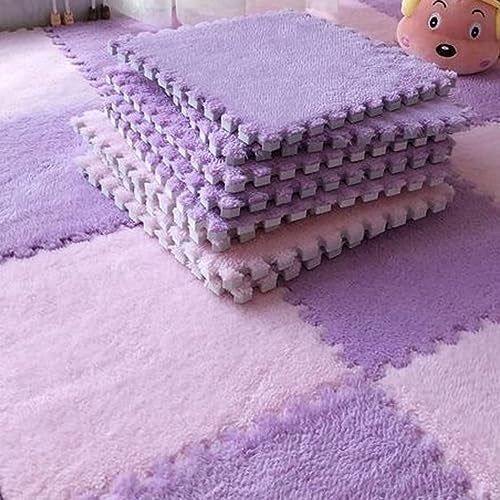 Typutomi 12pcs Plush Puzzle Foam Floor Mat Soft Thicken Fluffy Interlocking Square Foam Tiles Area Rugs Carpet for Parlor Bedroom Decoration118x118x055inPurplePink - Image 1
