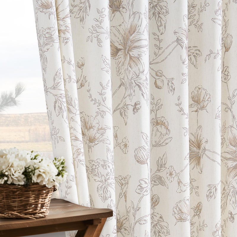 BILEEHOME Brown Floral Linen Curtains Pinch Pleated for Living Room 84 Inches Long Peony Flower Printed Patterned Curtain Vintage Boho Farmhouse Country Light Filtering Back Tab Pinch Pleat Drapes Bedroom - Image 1