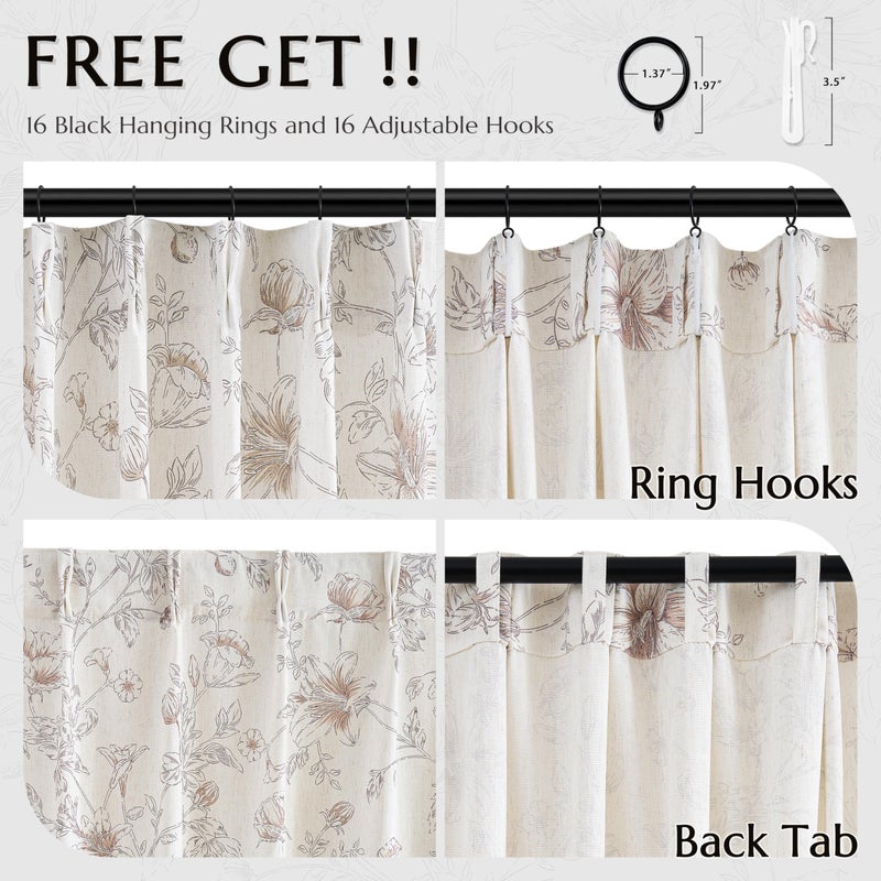 BILEEHOME Brown Floral Linen Curtains Pinch Pleated for Living Room 84 Inches Long Peony Flower Printed Patterned Curtain Vintage Boho Farmhouse Country Light Filtering Back Tab Pinch Pleat Drapes Bedroom - Image 4