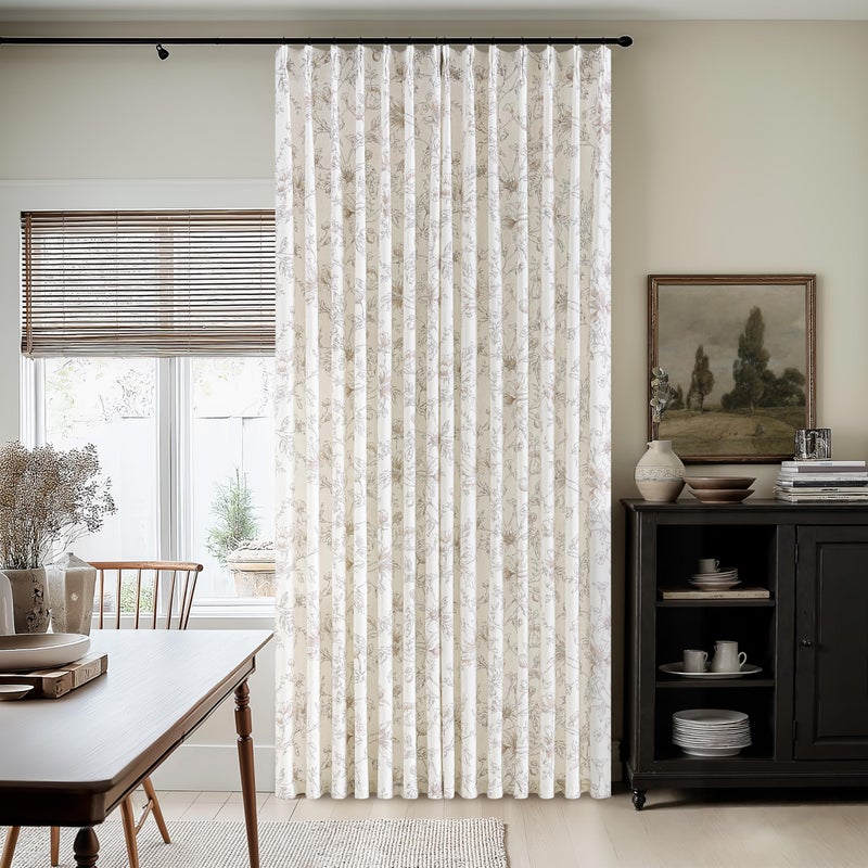 BILEEHOME Brown Floral Linen Curtains Pinch Pleated for Living Room 84 Inches Long Peony Flower Printed Patterned Curtain Vintage Boho Farmhouse Country Light Filtering Back Tab Pinch Pleat Drapes Bedroom - Image 2