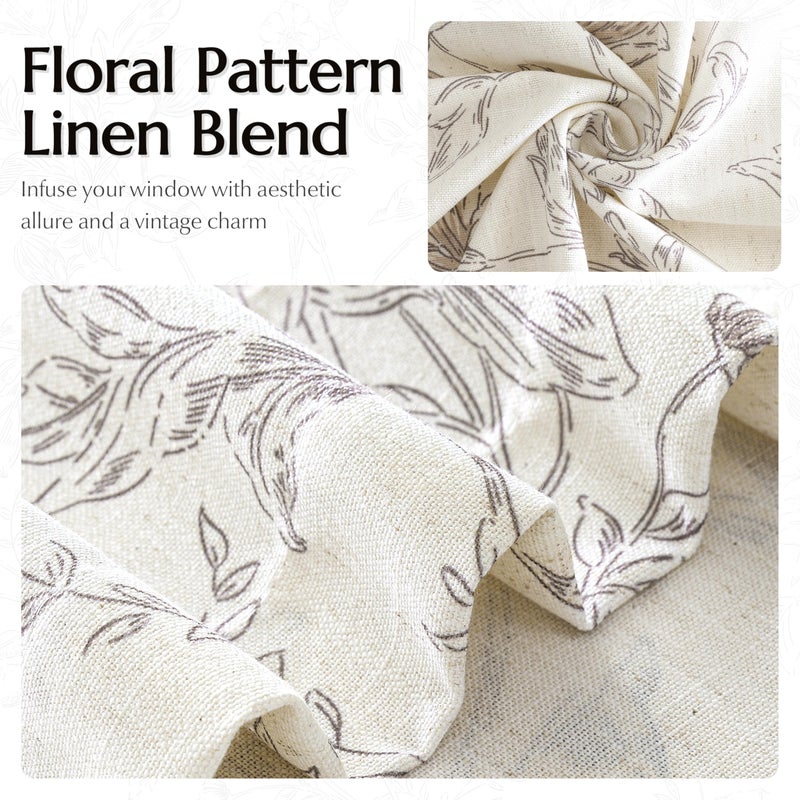 BILEEHOME Brown Floral Linen Curtains Pinch Pleated for Living Room 84 Inches Long Peony Flower Printed Patterned Curtain Vintage Boho Farmhouse Country Light Filtering Back Tab Pinch Pleat Drapes Bedroom - Image 3