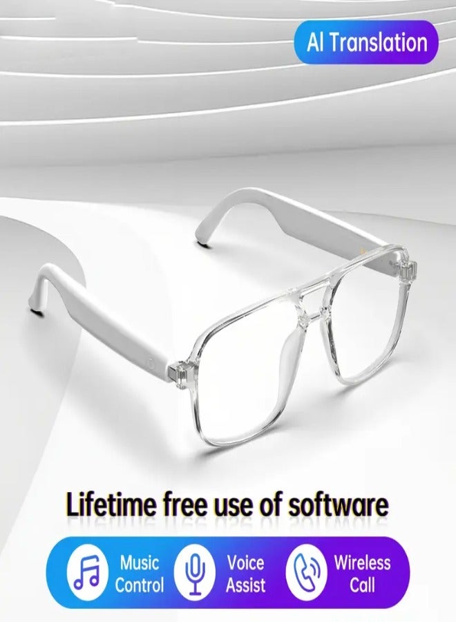نظارات ذكية لاسلكية جديدة مزودة بمترجم الذكاء الاصطناعي - ترجمة صوتية وفيديو فورية بأكثر من 100 لغة، نظارات صوتية لاسلكية مع تشغيل موسيقى، مكالمات بدون استخدام اليدين، ترجمة وجهاً لوجه وترجمة فورية، قابلة لإعادة الشحن عبر USB، شحن مغناطيسي - نظارات ذكية للرجال والنساء - بيضاء - Image 1