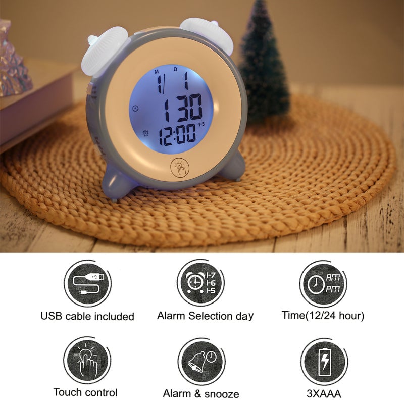 Kids Alarm Clock: Blue, 4-Mode Touch Night Light, 12/24 Hour System - Snooze & Custom Alarm, Backlight Feature for Kids Bedroom - Image 2