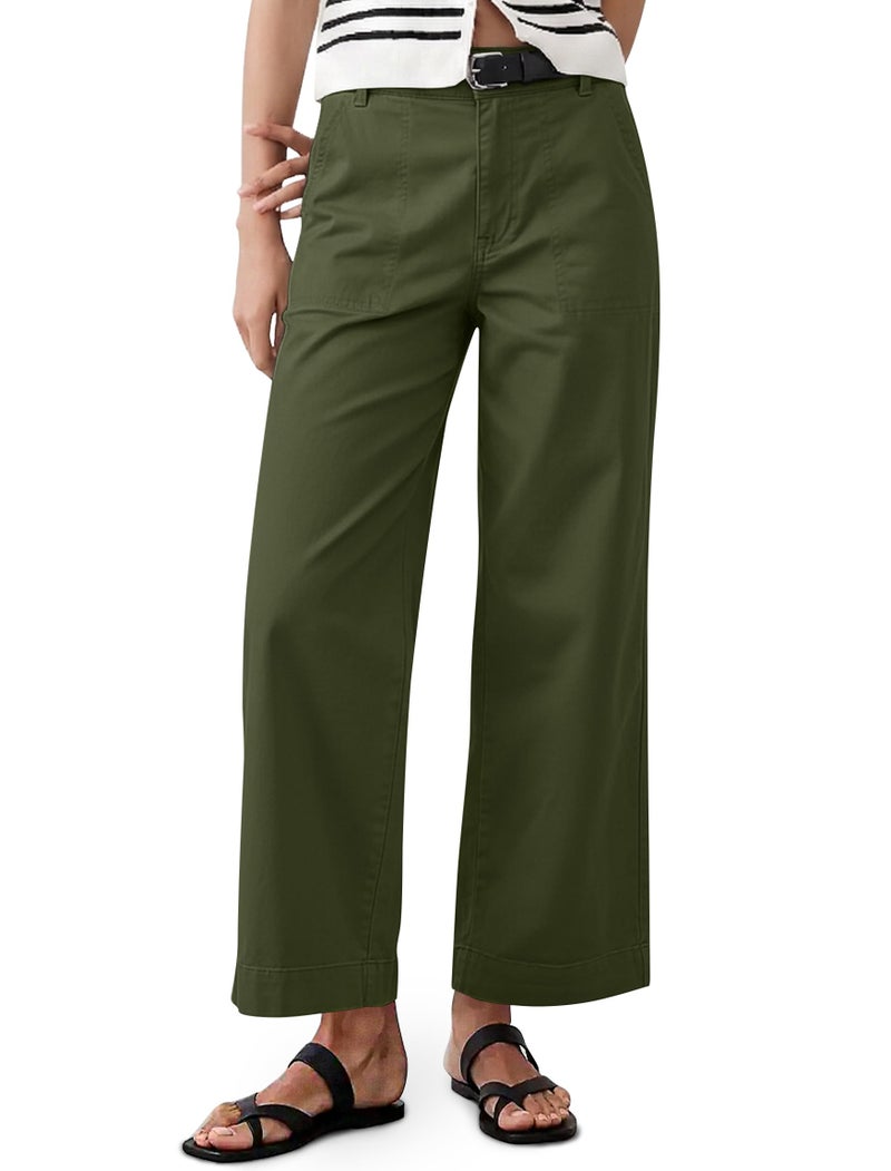 Eddoyee Womens Wide Leg Ankle Pants, High Waisted Straight Leg Stretch Casual Elastic Waist Cropped Pants Army Green - Image 1