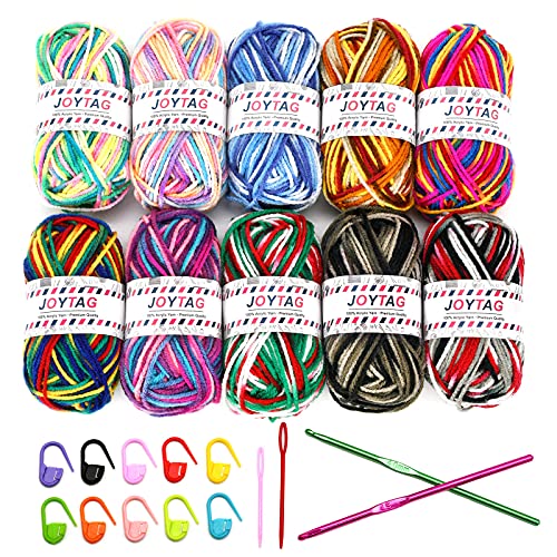 JOYTAG 10 Acrylic Yarn Skeins,Multicolor Crochet Craft for Crocheting and Knitting,with Hooks Knitting Needles Stitch Markers,Crochet Starter Kit Beginners(650 Yard/250g) - Image 1