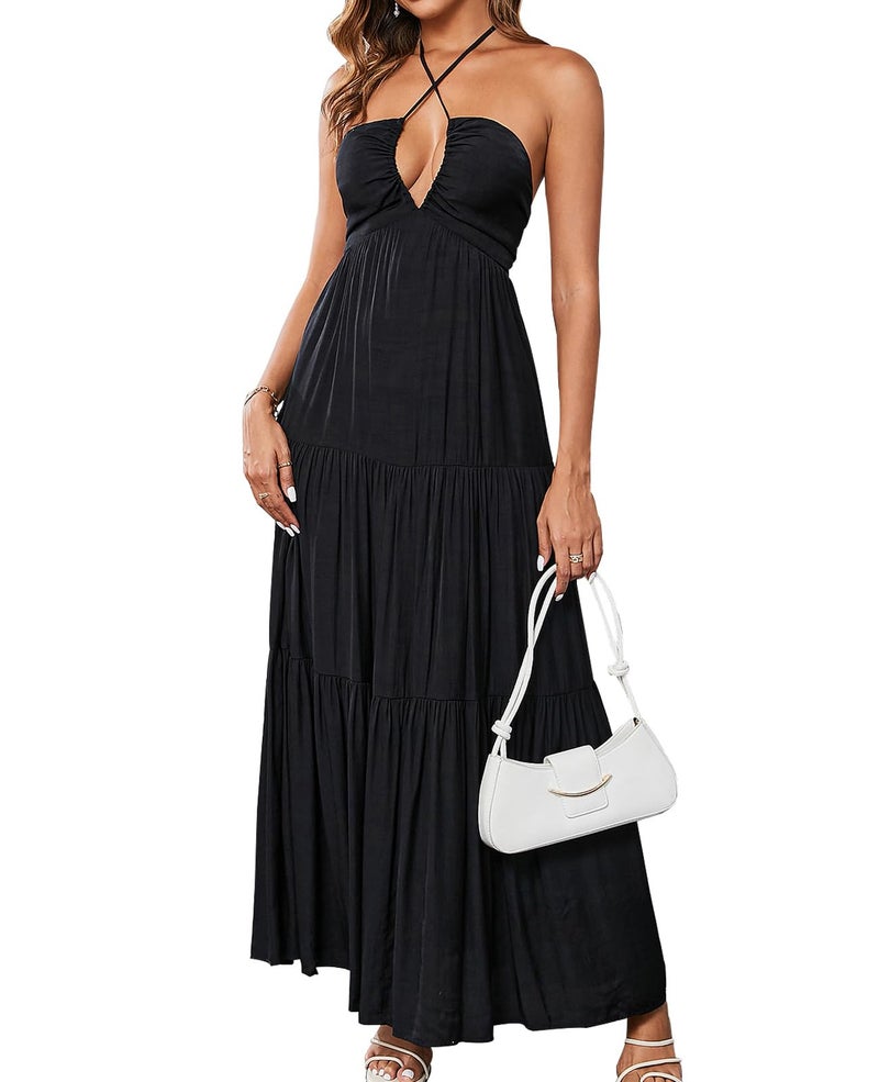 GLNEGE Summer Maxi Beach Dress Boho Halter V Neck Backless Bow Dresses Flowy Trendy Ruffle Sundress for Women 2026 Black - Image 1