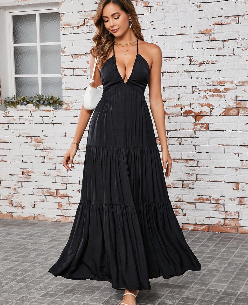 GLNEGE Summer Maxi Beach Dress Boho Halter V Neck Backless Bow Dresses Flowy Trendy Ruffle Sundress for Women 2026 Black - Image 4