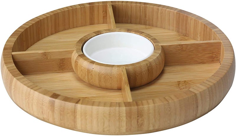 JOEY'Z Bamboo Charcuterie BoardCheese Board Chip and Dip Divided BowlServing Platter with Ceramic Center BowlDip Cup 