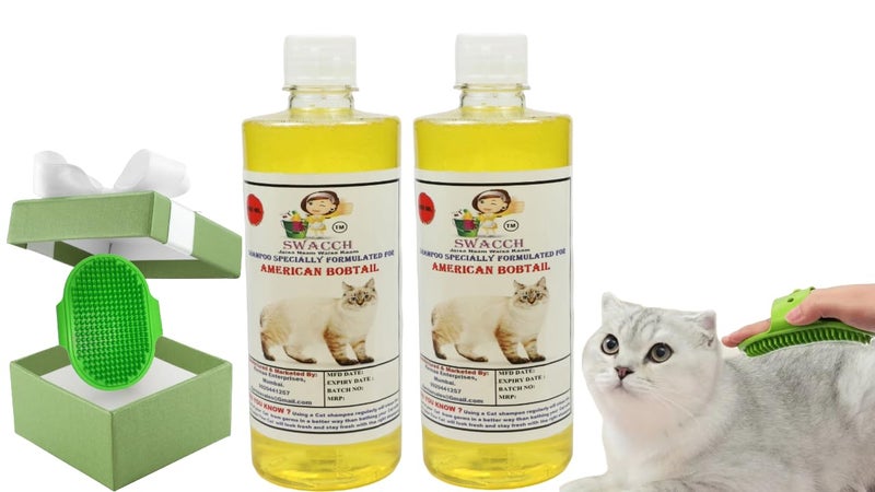Swacch American Bobtail Cat Shampoo -500ml (Pack of 2) (Lemon) + Bath Brush with Adjustable Straps Combo Pack - Image 1