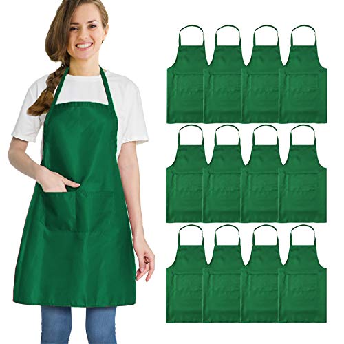 multifuns 12 pcs Green Aprons Bulk Waterdrop Resistant for Women Men Kitchen Cooking Grilling Aprons with 2 Pockets (24x28 inch, Green)… - Image 1