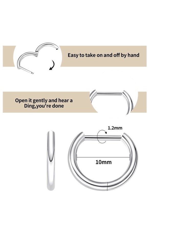VOJO G23 Titanium Silver Hoop Earrings Small Huggie Earrings Hinged Lobe Cartilage 16G for Sensitive Ears, Silver,16G 10mm, Titanium, No Gemstone - Image 3
