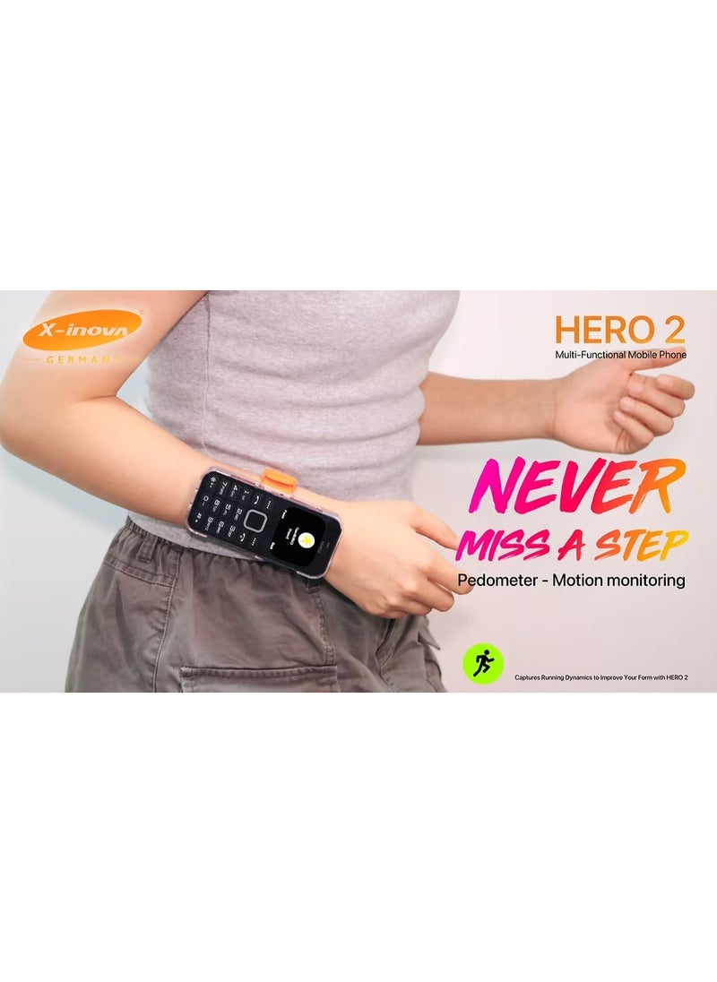 X inova HERO 2 Multi Functional Mobile Phone  with Rotating Crown, Step Counter, BT Calling, 1.3MP Camera, Multimedia, 2.01" Screen, Loud Speaker, Includes Cover, Band & Lead