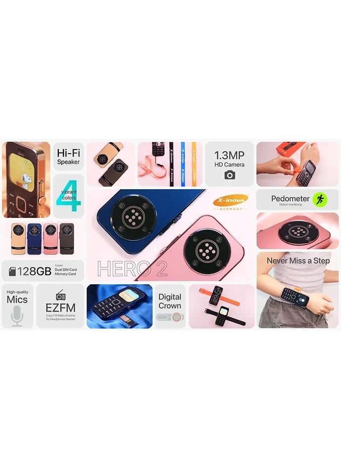 X inova HERO 2 Multi Functional Mobile Phone  with Rotating Crown, Step Counter, BT Calling, 1.3MP Camera, Multimedia, 2.01" Screen, Loud Speaker, Includes Cover, Band & Lead