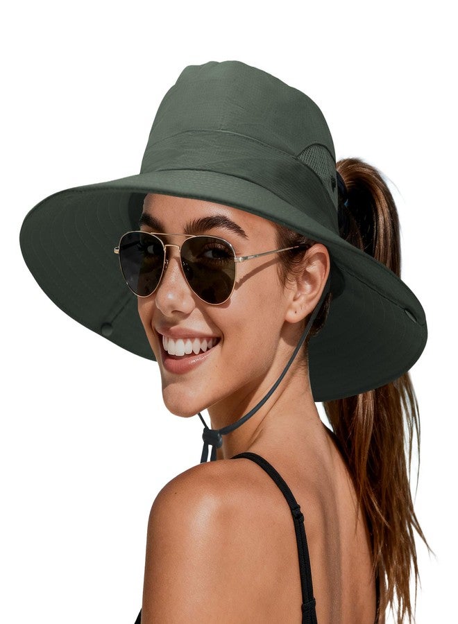 PFFY Ponytail Sun Hat for Women Men 3” Wide Brim UPF 50+ Bucket Fishing & Beach Hats, Pure Darkgreen, One size - Image 1