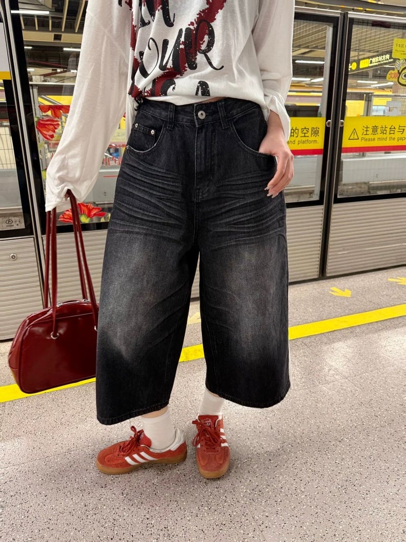 بنطلون موضة هاراجوكو ريترو بخمسة نقاط جديد للرجال والنساء، جينز عالى الخصر عصري، بنطلونات متوسطة الطول شابة وشائعة - Image 1