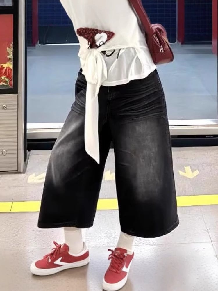 بنطلون موضة هاراجوكو ريترو بخمسة نقاط جديد للرجال والنساء، جينز عالى الخصر عصري، بنطلونات متوسطة الطول شابة وشائعة - Image 3