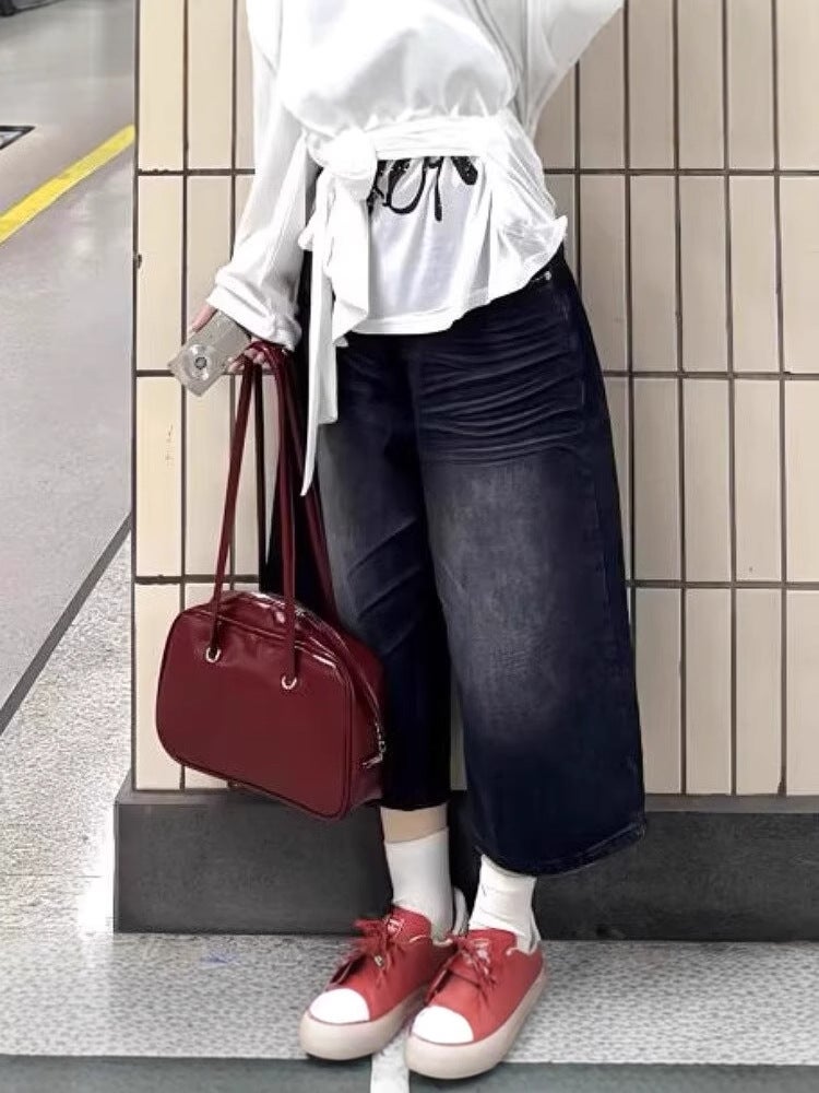 بنطلون موضة هاراجوكو ريترو بخمسة نقاط جديد للرجال والنساء، جينز عالى الخصر عصري، بنطلونات متوسطة الطول شابة وشائعة - Image 5