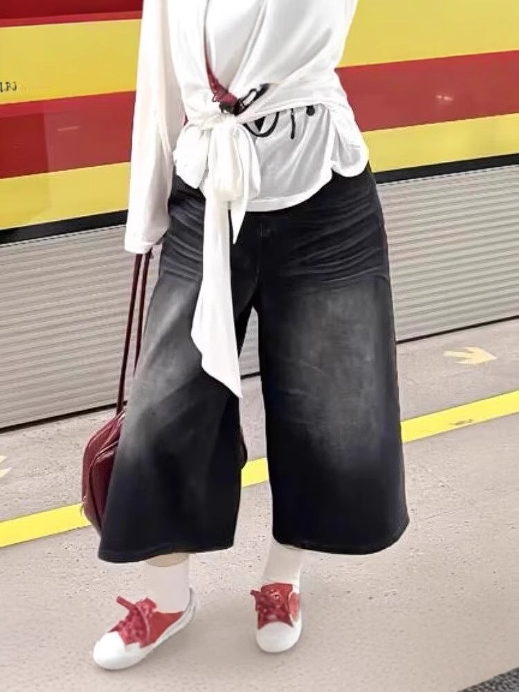 بنطلون موضة هاراجوكو ريترو بخمسة نقاط جديد للرجال والنساء، جينز عالى الخصر عصري، بنطلونات متوسطة الطول شابة وشائعة - Image 2