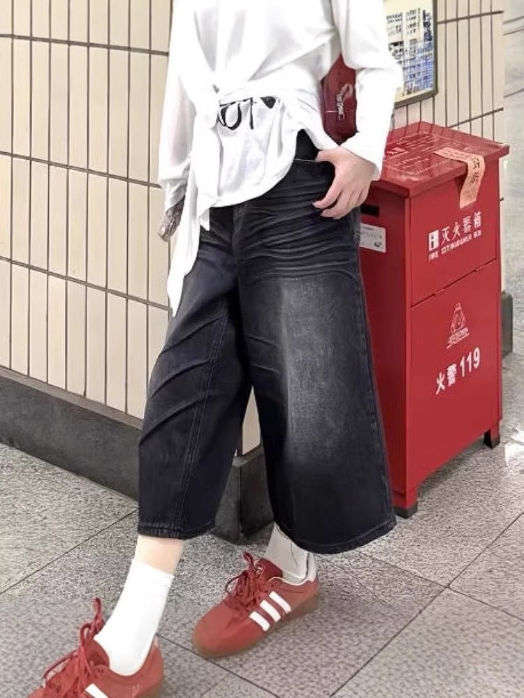بنطلون موضة هاراجوكو ريترو بخمسة نقاط جديد للرجال والنساء، جينز عالى الخصر عصري، بنطلونات متوسطة الطول شابة وشائعة - Image 4