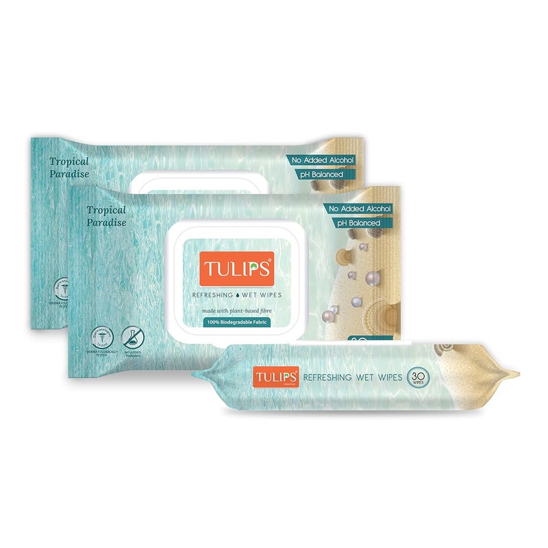 Tulips RefreshingMakeup Remover Wet Wipes made with Plant based fibre LID Pack Tropical Paradise Pack of 3 30 wipes each - Image 1