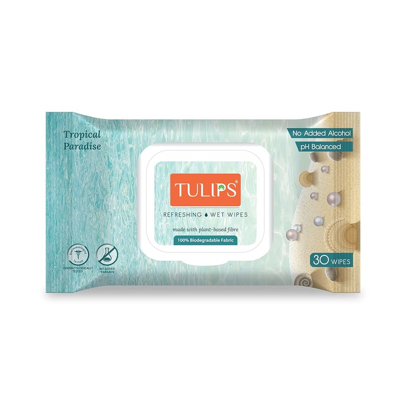 Tulips RefreshingMakeup Remover Wet Wipes made with Plant based fibre LID Pack Tropical Paradise Pack of 3 30 wipes each - Image 2