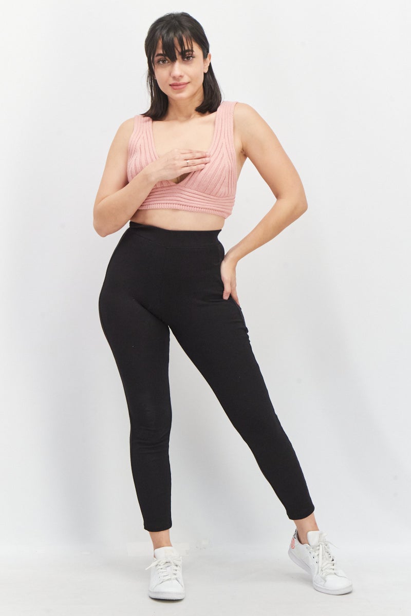 Missguided Women V-Neck Sleeveless Textured Knitted Crop Top, Pink - Image 4