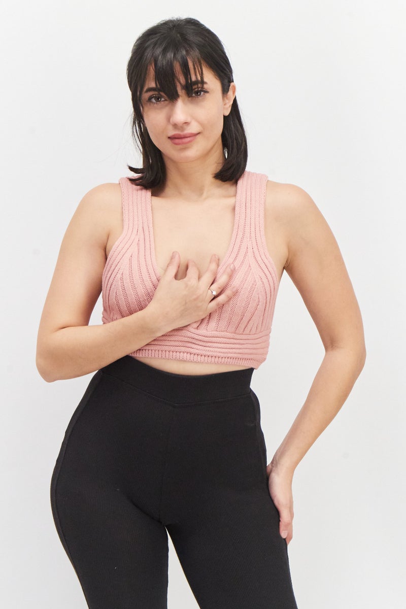 Missguided Women V-Neck Sleeveless Textured Knitted Crop Top, Pink - Image 1