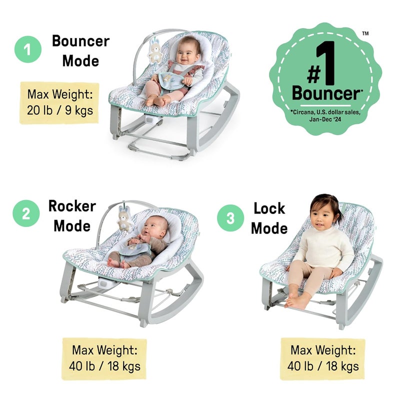 ingenuity Keep Cozy 3-in-1 Grow with Me Vibrating Baby Bouncer Seat & Infant to Toddler Rocker, Vibrations & -Toy Bar, 0-30 Months Up to 40 lbs (Spruce) - Image 2