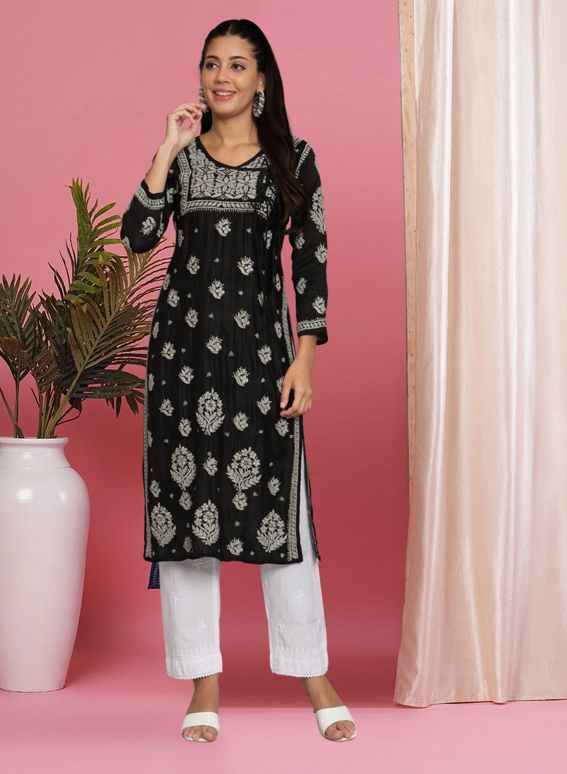 Alaya Hand Embroidered Chikankari Chanderi Angarkha Kurta With Mukaish Work-AL3672 - Image 1