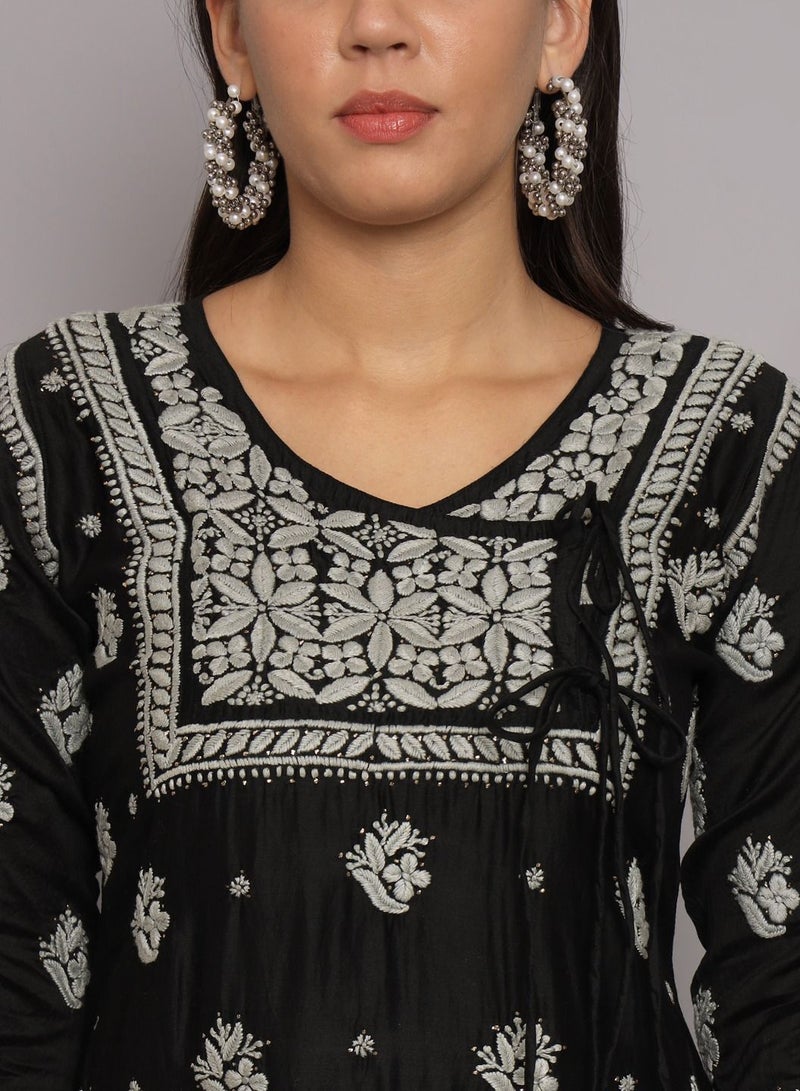 Alaya Hand Embroidered Chikankari Chanderi Angarkha Kurta With Mukaish Work-AL3672 - Image 5