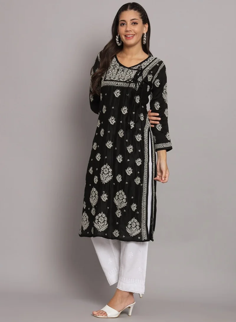 Alaya Hand Embroidered Chikankari Chanderi Angarkha Kurta With Mukaish Work-AL3672