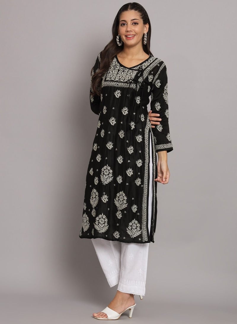 Alaya Hand Embroidered Chikankari Chanderi Angarkha Kurta With Mukaish Work-AL3672 - Image 4